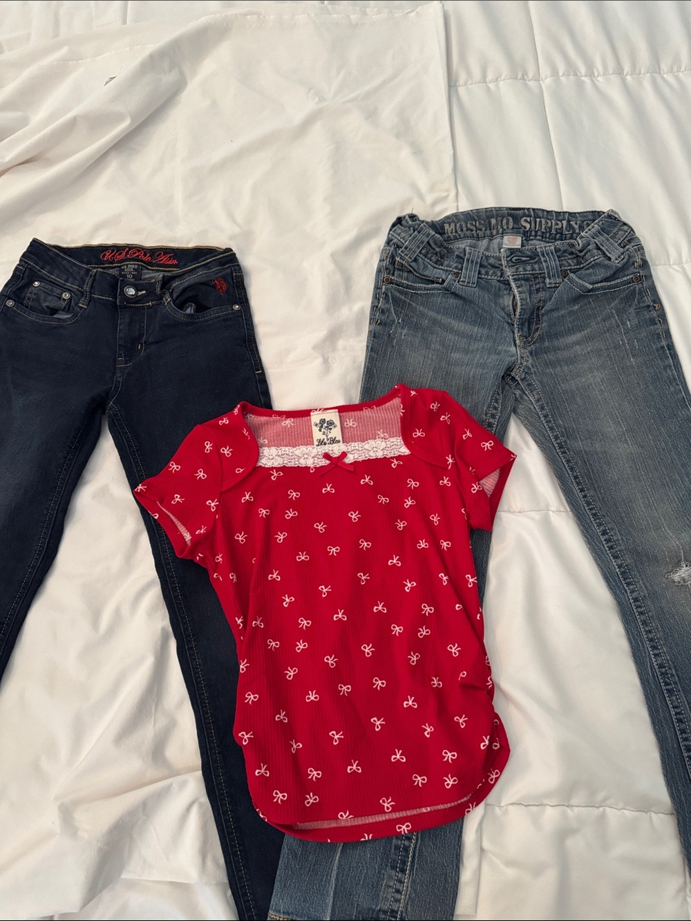 Girls Size 10/12 Clothing Lot – 2 Pairs of Jeans & Lily Bleu Bow Top (3 Pcs)
